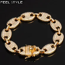 Хип-хоп, многоцветная, ширина, со стразами, 13 мм, 20 см, золото, серебро, кофейные зерна, звеньевая цепь, браслеты, цепь для Мужчин, Ювелирные изделия