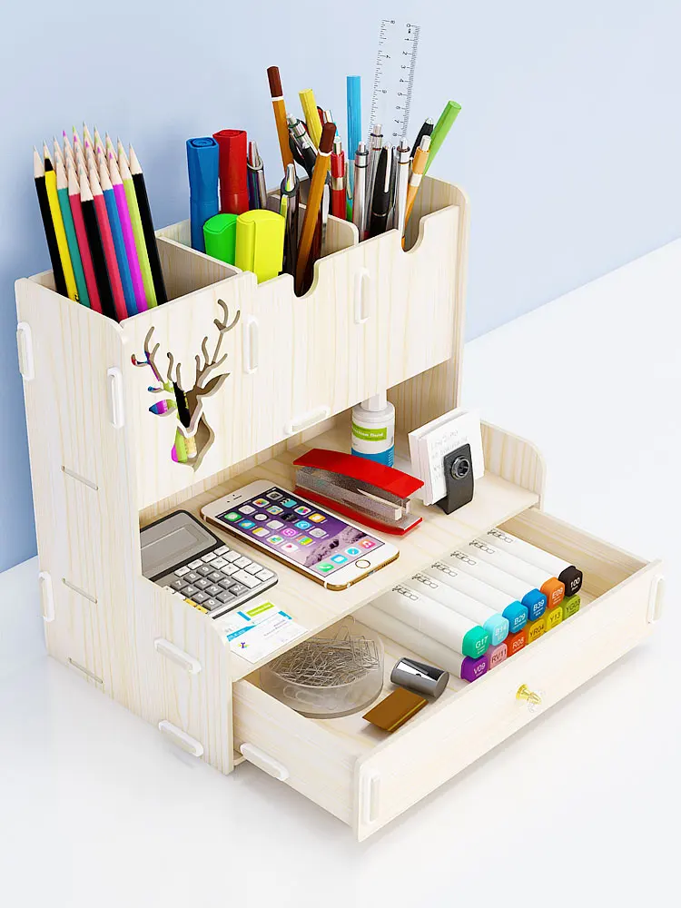 Wooden Desk Organizer Multi Functional DIY Pen Holder Box Desktop Stationary Home Office Supply Storage Rack