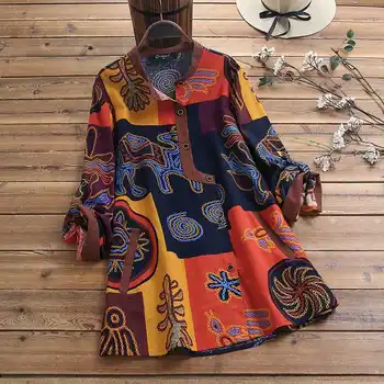 

ZANZEA Women Vintage Cotton Linen Tops Bohemian Flroal Printed Shirt Spring Long Sleeve Blouse Casual Buttons Tunic Blusas 5XL