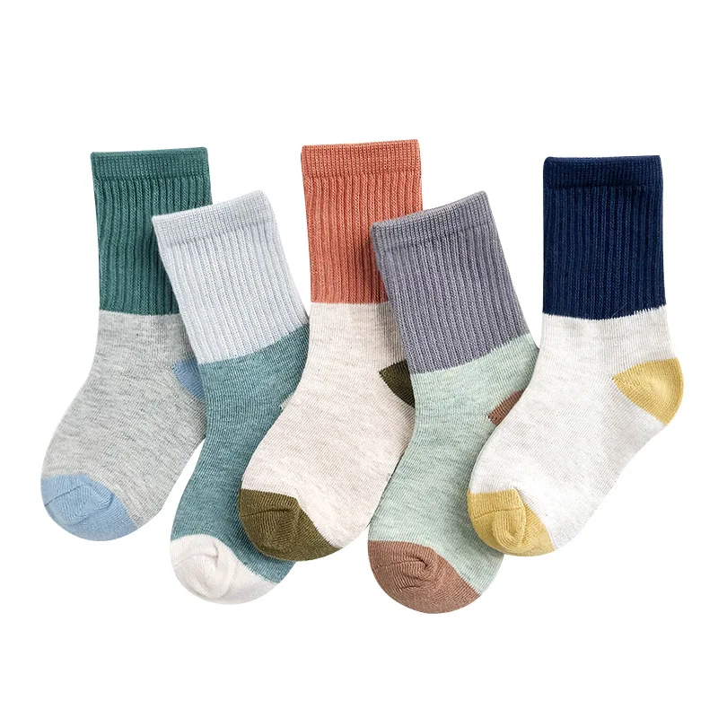 5 пар/лот, Детские хлопковые носки для мальчиков и девочек, милые спортивные носки в полоску с мультипликационным принтом для малышей на осень и зиму, модные детские носки с вышивкой - Цвет: C102