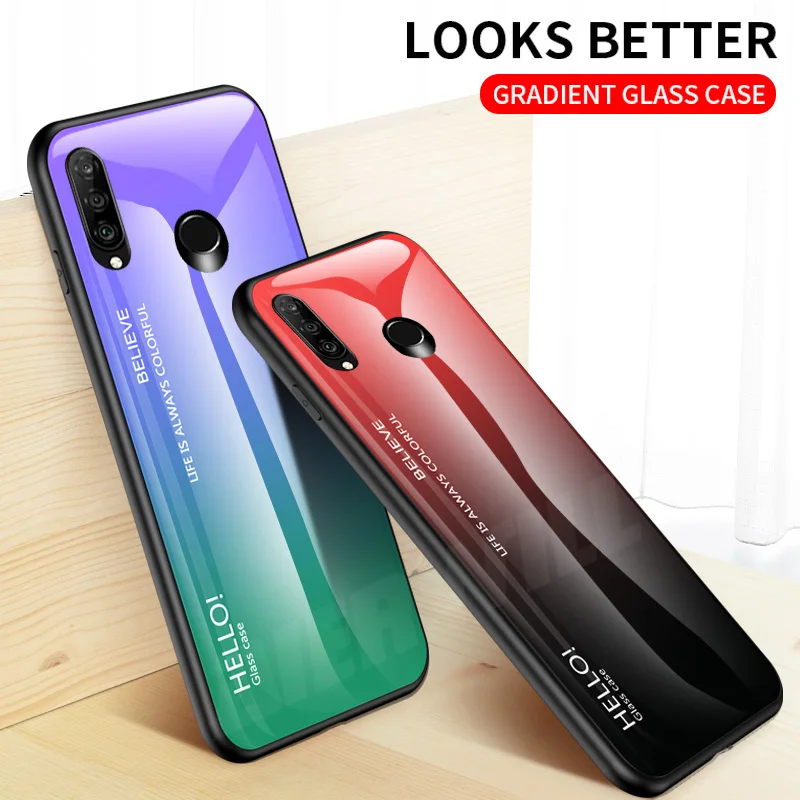 

Luxury Case For huawei P30 lite Case 9H Tempered Glass Silicone Cover Hybrid Bumper phone Cover For huawei P30 lite Case
