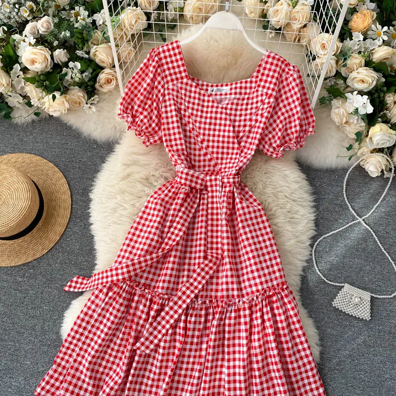 Women Casual Slim Long Sleeve Plaid Shirt Dress Spring Autumn