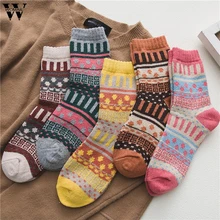Womail/5 пар носков; женские повседневные зимние теплые толстые шерстяные винтажные Разноцветные Вязаные мягкие носки с принтом