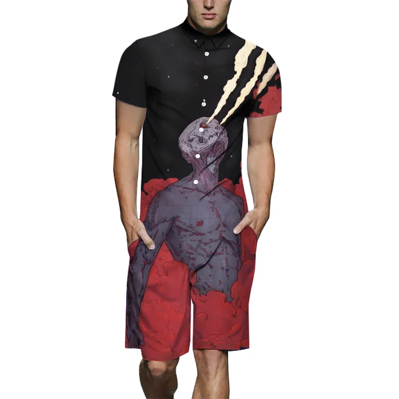 

Lard-bucket Workwear 2019 Summer Spitfire Skeleton Printed Onesie Fashion Street Casual One-piece Set Men