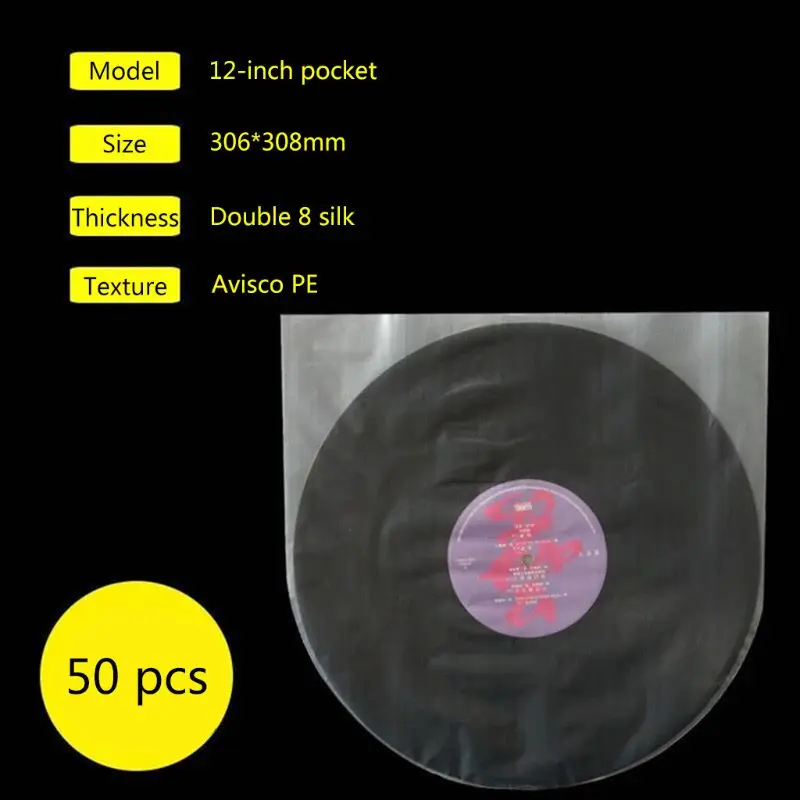 Protector de discos de vinilo transparente, bolsas antiestáticas para discos LP de 12 pulgadas, 50 unidades