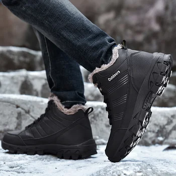 

2020 New Men Ankle Snow Boots Winter Fur Warm Leather Boots Large Size Shoes Outdoor Walking Mountain Climbing Waterproof 39-48