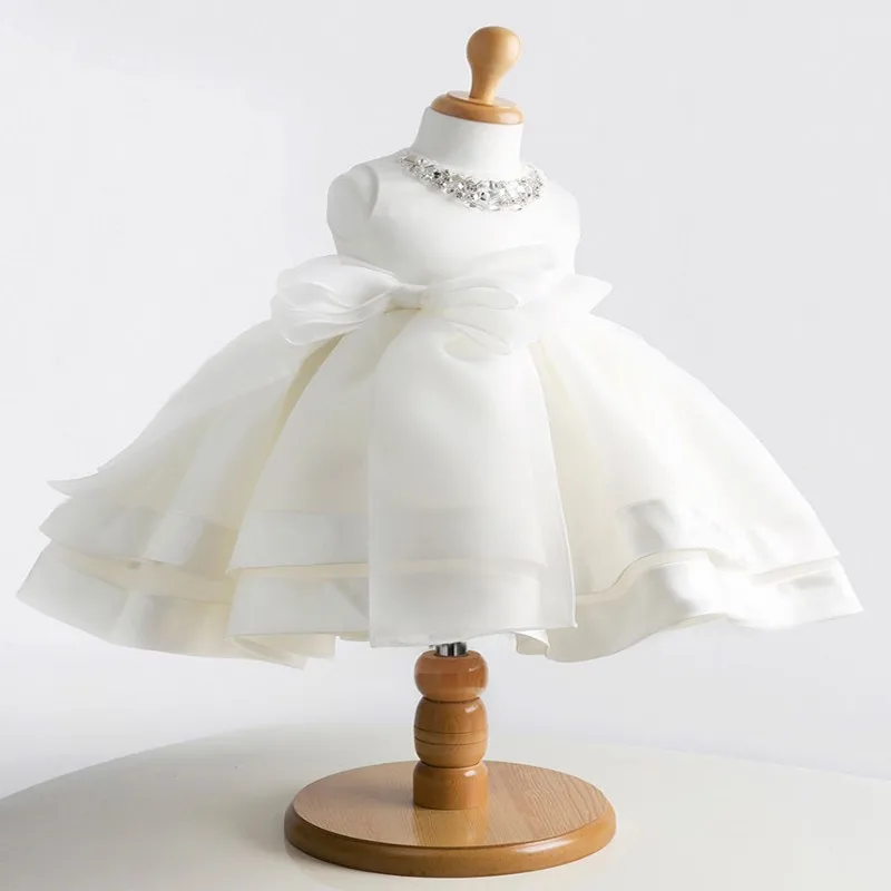 Платье для маленьких девочек; кружевное платье из тюля для крещения для девочек; бисерная Аппликация Вечерние платья для первого дня рождения; свадебная одежда для малышей