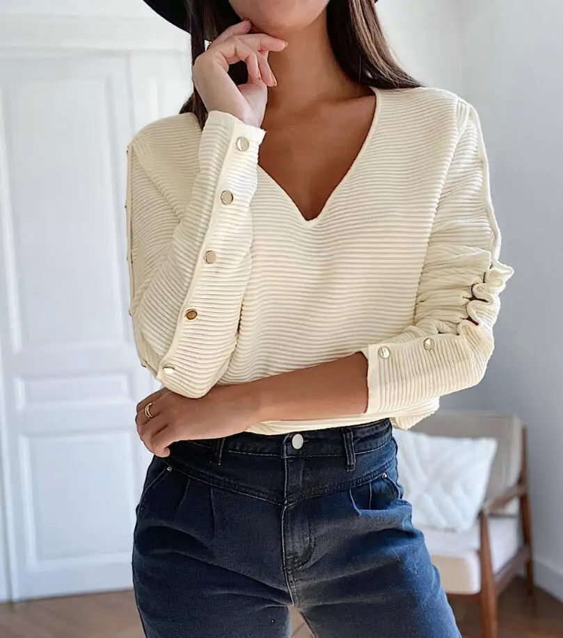Fashion Women Shirts Autumn Long Sleeve Solid Button T-Shirt V-Neck Cotton Casual Loose Ladies Tops 2020 Streetwear Two Colors