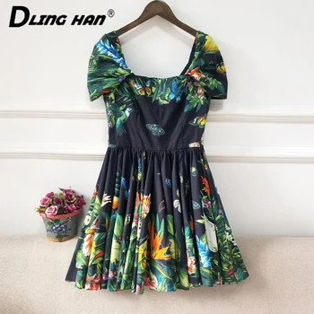 

DLINGHAN Fashion jungle Print Cotton Dress Sexy Backless Spaghetti Strap Pleated Mini Dresses Spring Summer Women's New