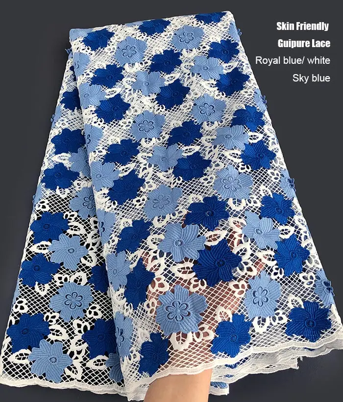 Приятная для кожи высшего класса аккуратная вышивка Гипюр кружево очень мягкий Африканский шнур ткань в нигерийском стиле Гана Дубай празднование швейное платье - Цвет: White Blue