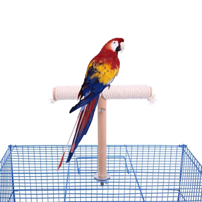 Natural Wood Bird Perch Stand T-shaped Bar Cotton Rope Cage Grinding Toy bird cage perches