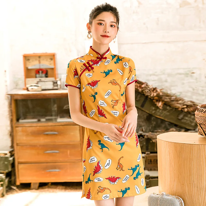 

New Cheongsam Improved Version Dress Summer Day Often Short Chinese-style nian qing kuan Cute GIRL'S Cheongsam