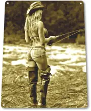Tin Sign Open Fly Season Pin-up Sexy Girl Fishing Hot Rod Reel Fish Metal Tin Sign Decor Iron Painting Wall Decor