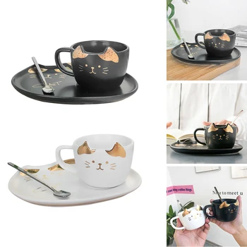 

Cat Ceramic Coffee Cup Set With Mat And Lid Spoon Milk Ceramic Cup Breakfast Tableware Set Couple Mug Birthday Gift