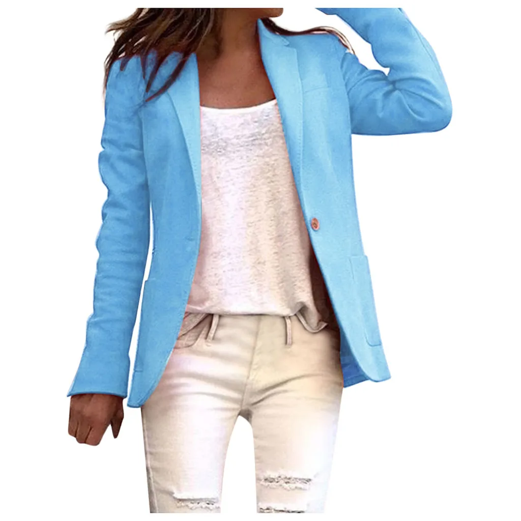 Женский блейзер, длинный рукав блейзеры, однотонное пальто на одной пуговице, тонкий женский офисный жакет, Женский Топ, костюм, Блейзер, женские куртки# J30 - Цвет: Blue