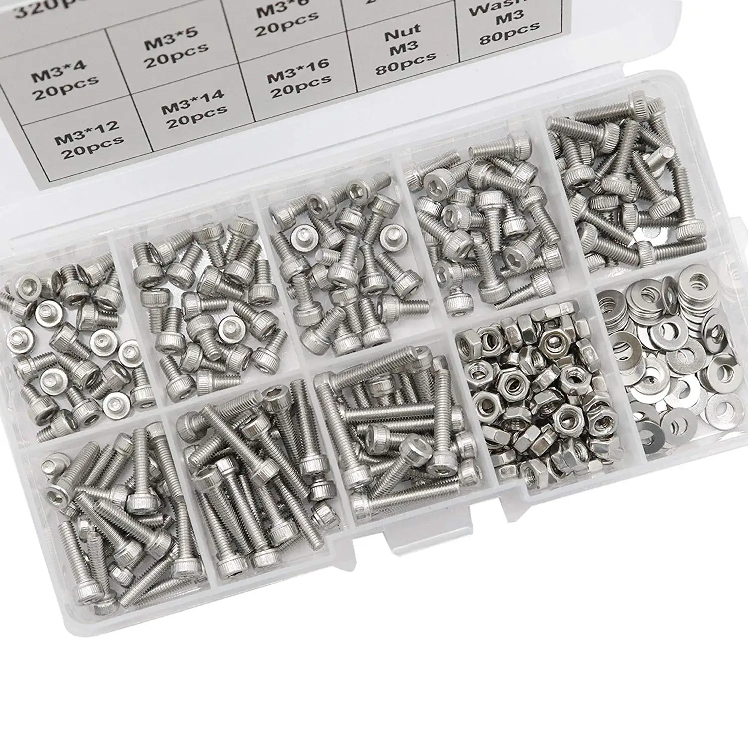 IZTOSS M3 Hex Socket Cap Screw Bolts Metric Screws Nuts Flat and Washers Assortment Kit Stainless Steel with Storage Box 320pcs