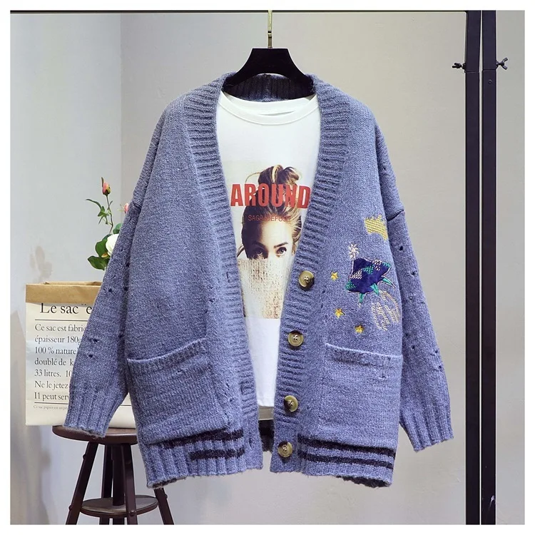 Women Chic Cartoon Embroidery Sweater Blue Front