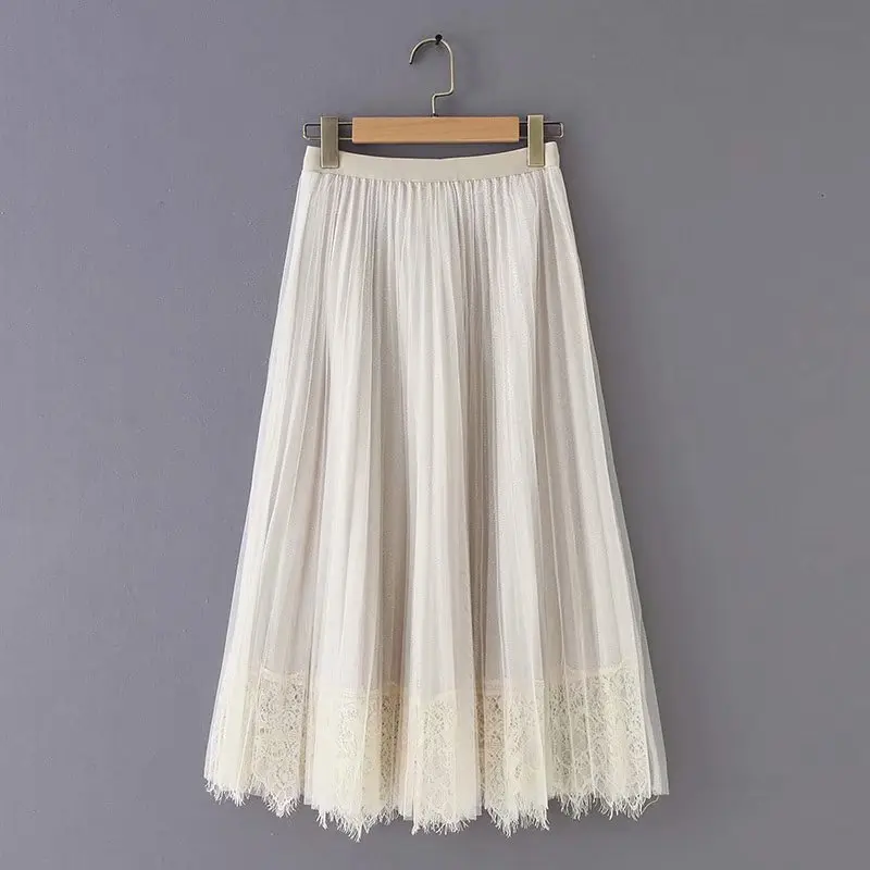 

women sweet lace patchwork midi skirt fladas mujer elastic waist fringe tassels female casual solid A line skirts