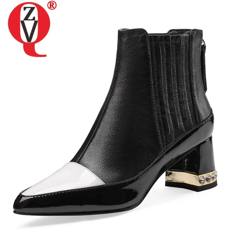 

ZVQ high quality genuine leather abkle boots outside high heels pointed toe mixed colors zip plus size women shoes drop shipping
