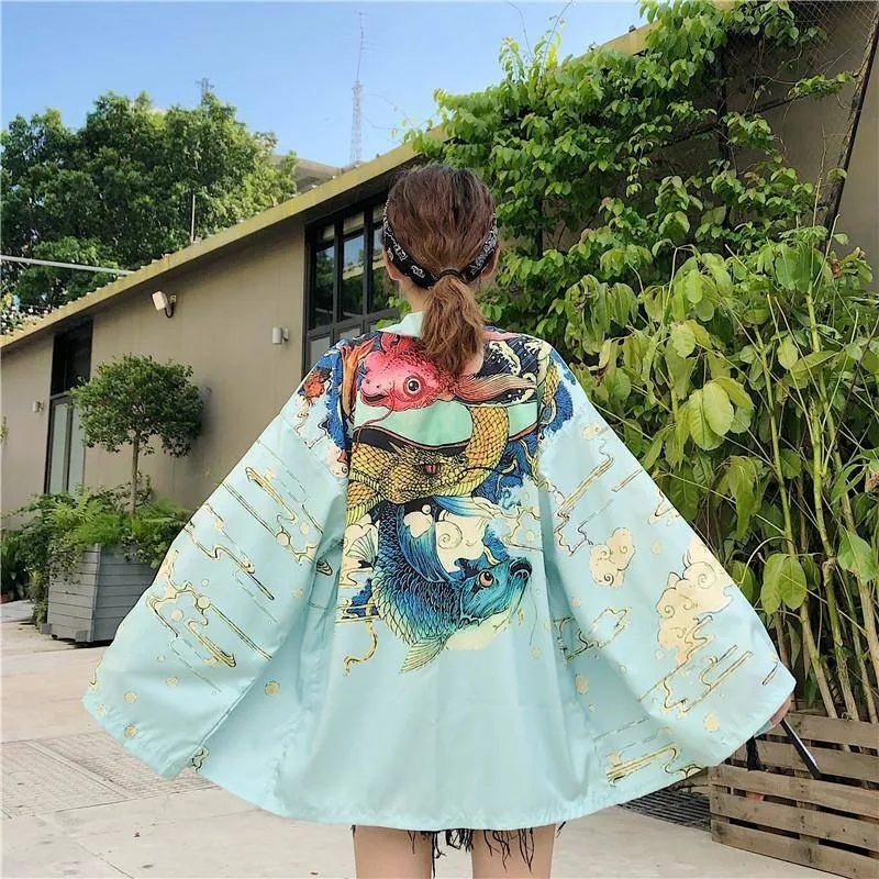 

NiceMix Women Harajuku blouse Cardigan Japanese Kimono Asian Clothes Carp Printed Shirt Tops Casual Kimonos Femme Kimono Cosplay