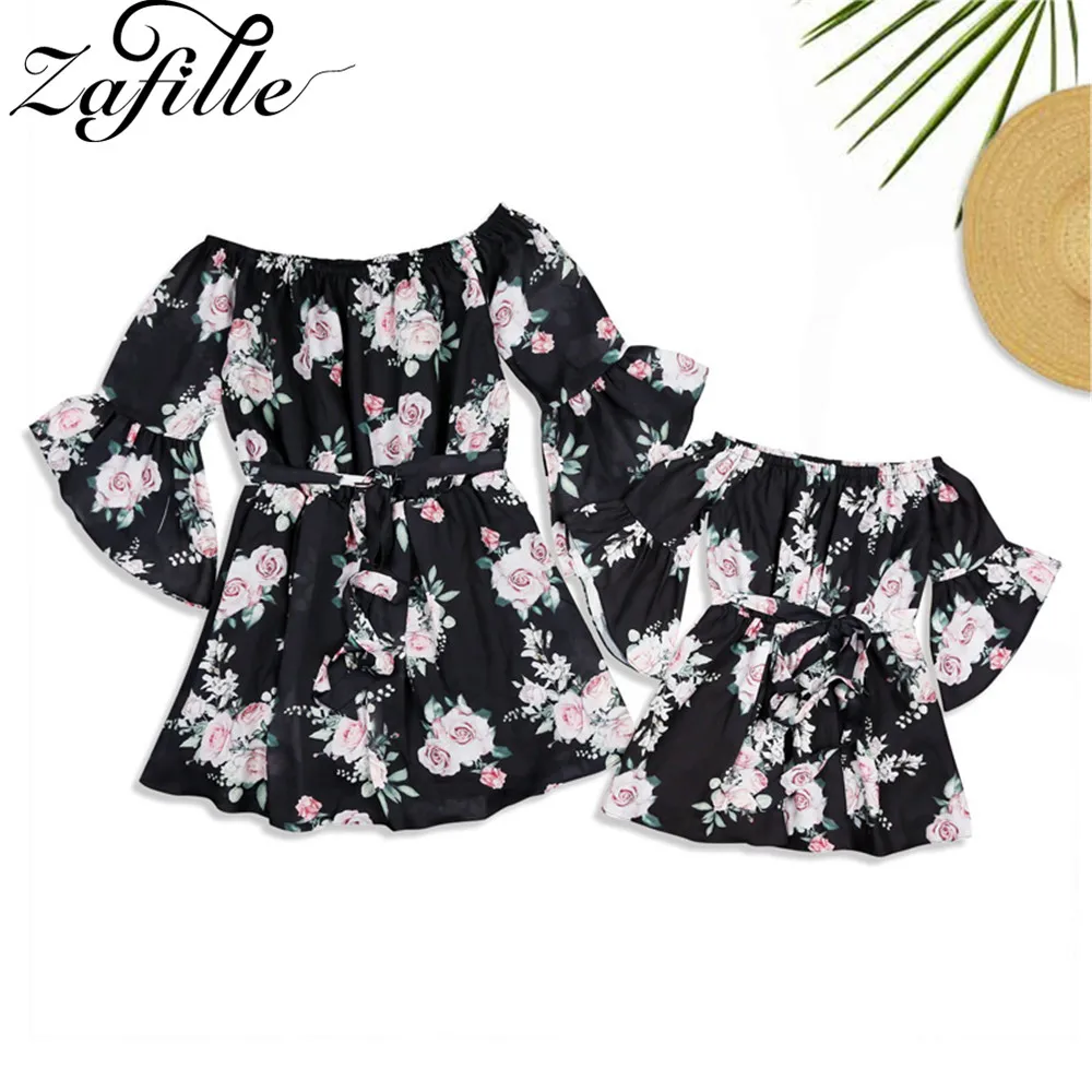 

ZAFILLE Mother and Daughter Clothes Rose Printed Off Shoulder Mini Dress Family Look Mommy and Me Dress Family Matching Clothes