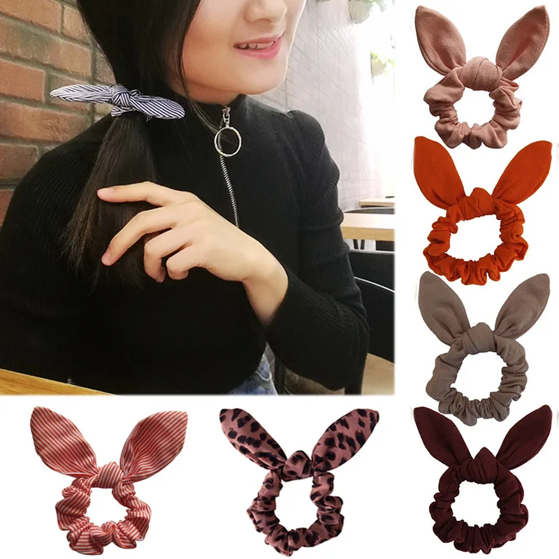 cheap Solid Bunny Ear Print 1PC Elastic Strip Cloth Leopard Adjustable Hair Scrunchie Grid Ponytail Holder Flower Valentines Gift
