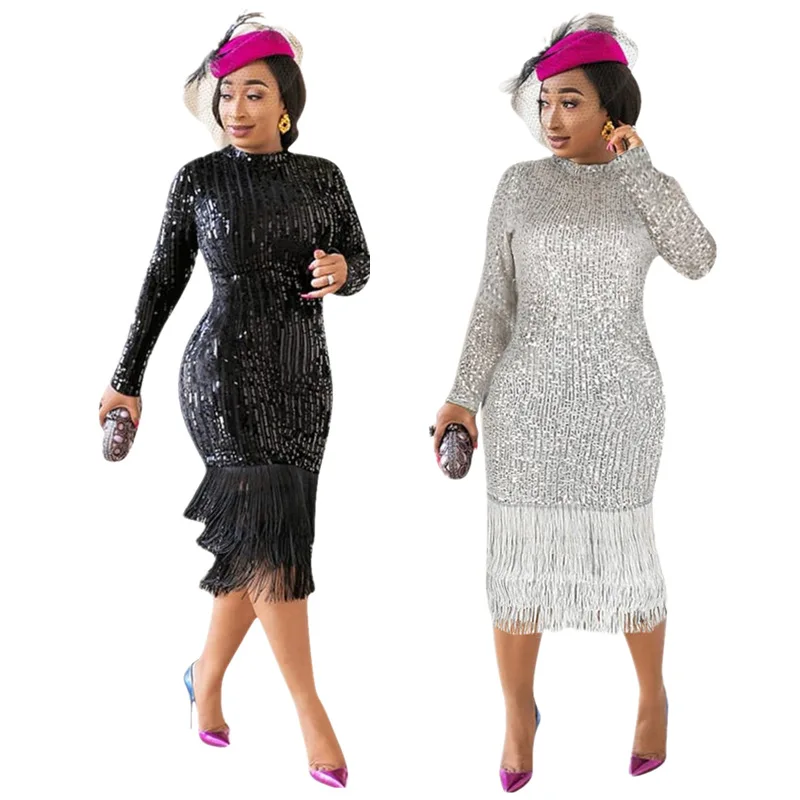 

Fashion Women's Autumn New Solid Round Neck Long-sleeved Polyester High-elastic Sequin Nightclub Sexy Black White Dress