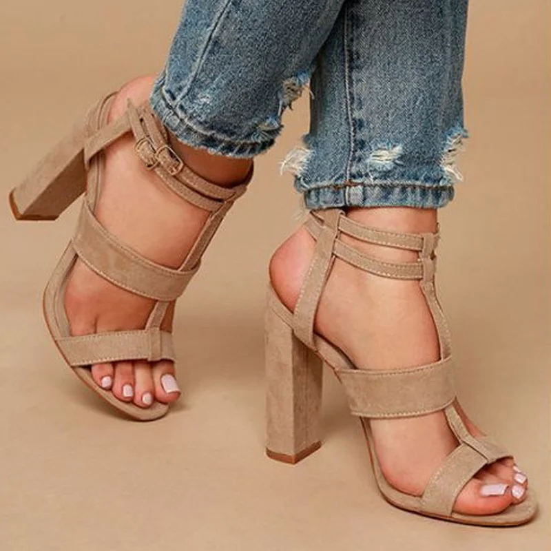 

Women Sandals Block Heels Hollow Sandals Ankle Buckle Strap High Heel Shoes Women Rome Shoes Plus Size 34- 43 Zapatos De Mujer