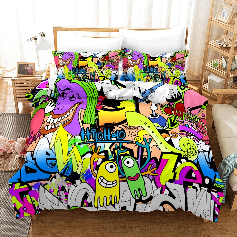 Cute Anime Theme Quilt Cover with 2 Pillowcases Soft Comfortable Home Decor Cartoon 3Pcs Bedding 3D Bedding for Childs Boys Girls Bedroom