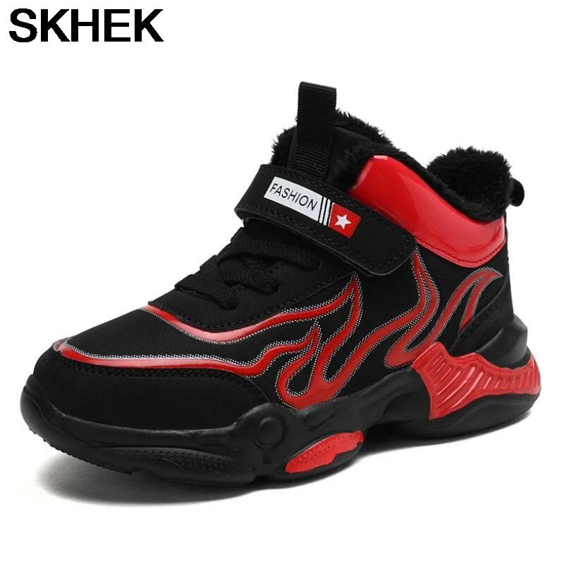 

SKHEK Leather Sneaker For Boys Sport Shoes Children Kids Outdoor Non-slip Round Toe Footwear Winter Students Cotton-padded Shoes