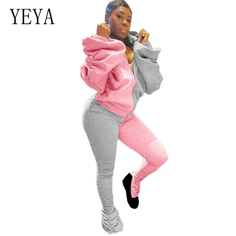 

YEYA Women Autumn Open Back Hooded Puff Sleeve Tops Stacked Slit Pants Suit Active Wear Tracksuit Patchwork Two Piece Set