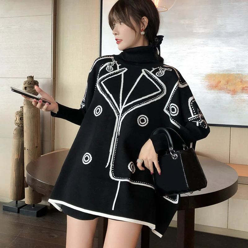 Black Pattern Oversized Turtleneck Pullover Sweater Women Autumn Winter 2025 Korean Fashion Batwing Sleeve Loose Knitted Sweater