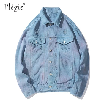 

Plegie Men's HipHop Blue Jeans Jacket Denim Jackets Retro Baggy Loose Streetwear Turn Down Collar Male Solid Color Jackets M-XXL