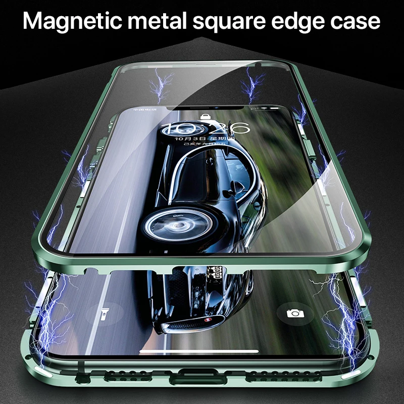 Luxury Square Metal Magnetic Case For iPhone 12 mini 11 Pro MAX X XR XS MAX Double sided Clear Glass Lens Protection Back Cover