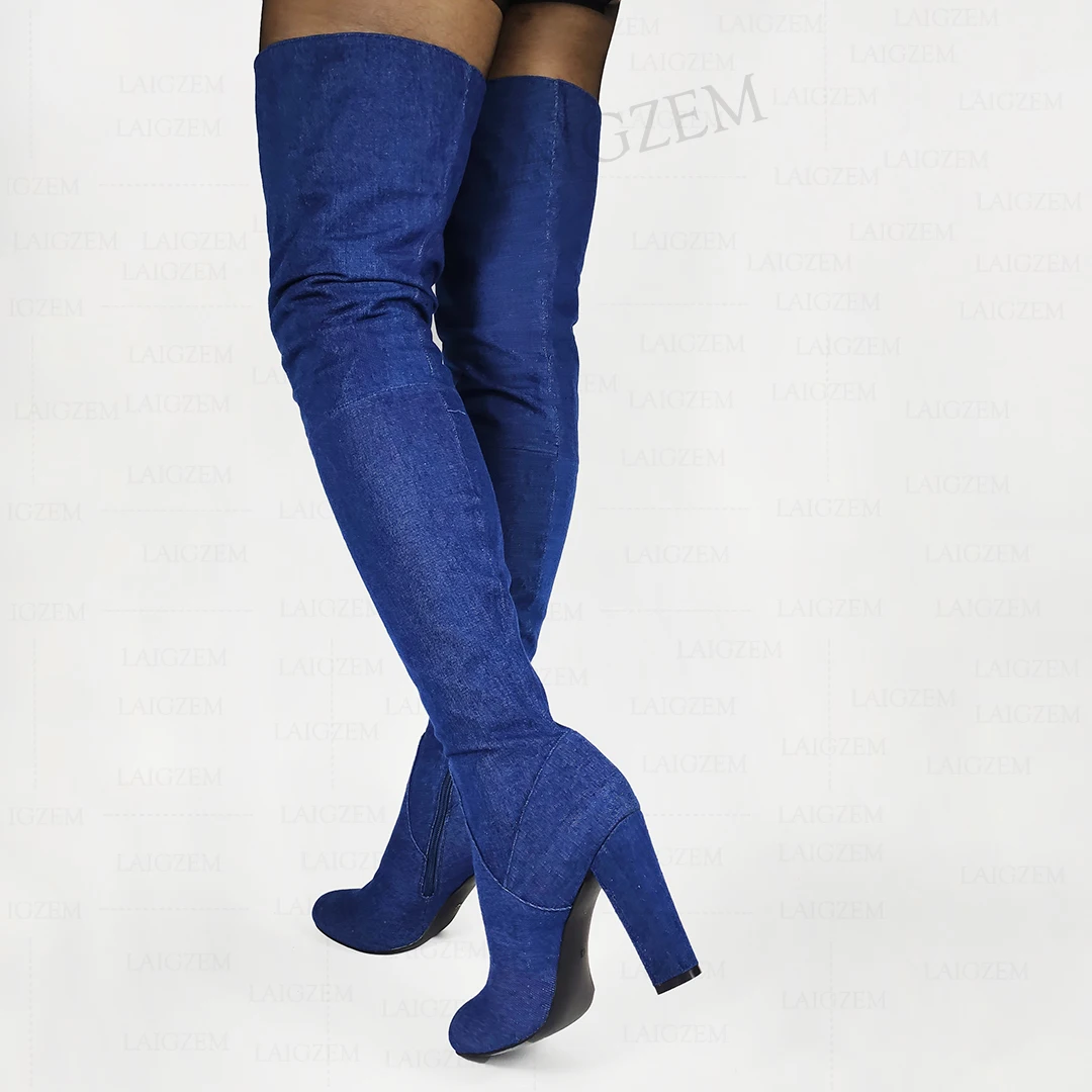 BACK THIGH SLIT DENIM 24インチ　ブルー Women Thigh High Boots Denim Block High Heels Over Knee