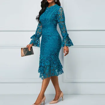 

Blue Retro Long Sleeve Women's Asymmetric Dresses Hollow Lace Bodycon African Clothing Party Evening Office Work Dress Midi Robe