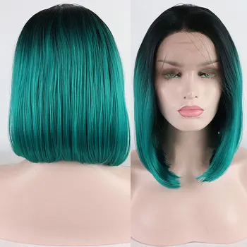

Bombshell Short Straight Bob Synthetic Lace Front Wig Black Roots Ombre Blue Color Heat Resistant Fiber Middle Parting For Women