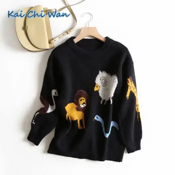 

Kai Chi Wan new fashion leading cartoon animal jacquard Pullover Sweater autumn loose age round neck knitting Pullover
