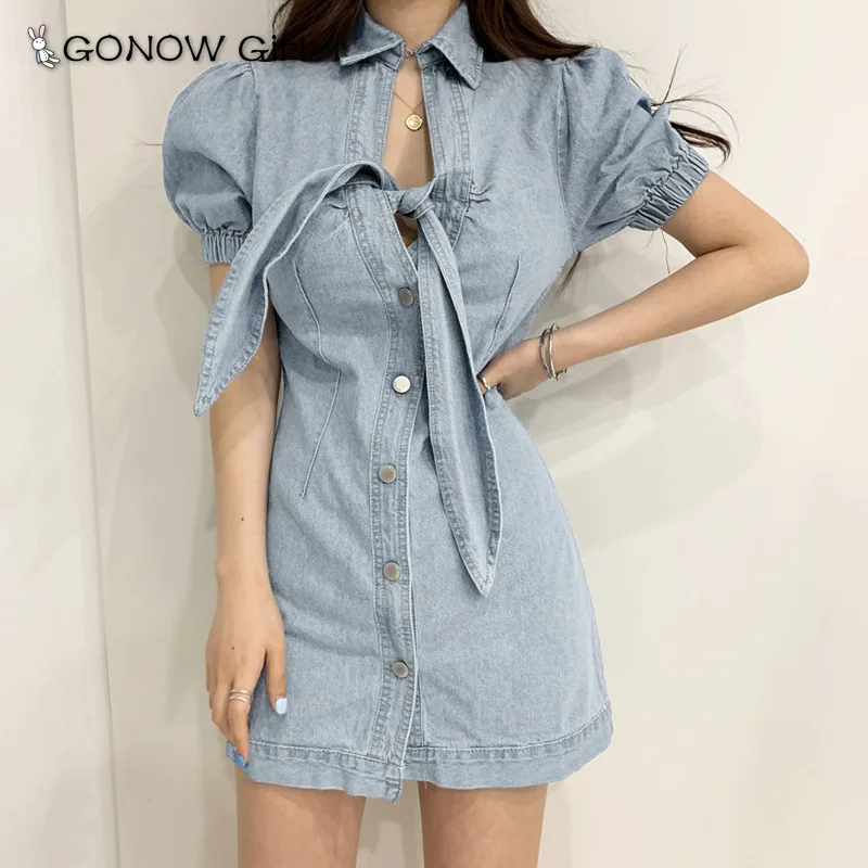 

Denim Short Dress Turn-down Collar Puff Sleeve Buttons A-line Hollow Out Blue Color Short Mini Length Vestidos Lace Up Robe