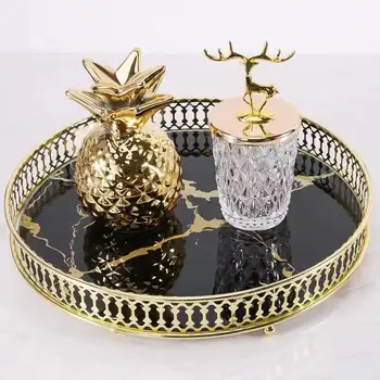 

Golden Retro Glass Mirror Tray Household Round Metal Hollow Skin Care Products Storage Jewelry Tray Nordic Retro Home Decoration