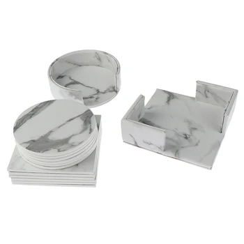 

6PCS Creative PU Leather Marble Coaster Drink Coffee Cup Mat Tea Pad Dining Table Placemats Table Black White Chic Decoration