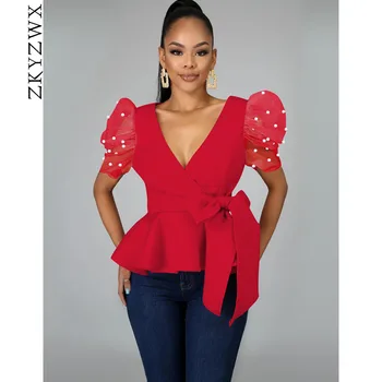 

ZKYZWX Sexy Mesh Sheer Beading Puff Sleeve Cute Tops Summer Clothes for Women 2020 T Shirt Streetwear Oversized Tee Shirt Femme