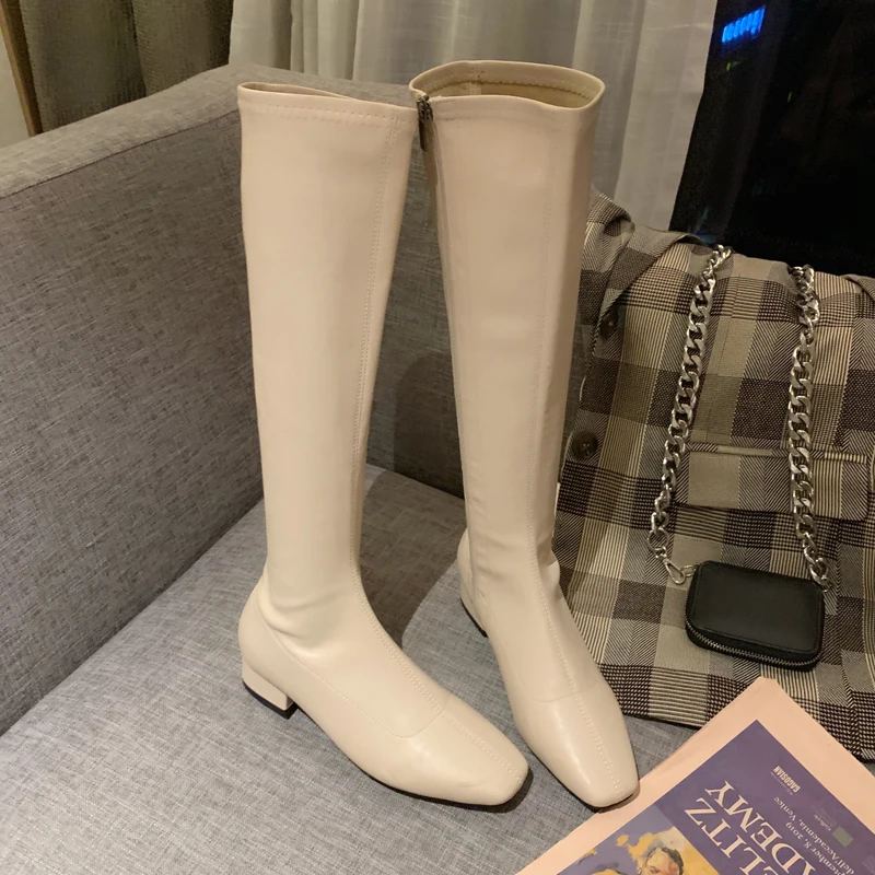 

Sexy Slim Square Toe White Long Boots for Women Low Heel Knee High Chelsea Booties Botas Mujer Female Shoes P318