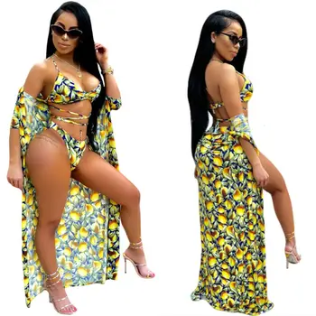 

Fashion Women Fruit Print Bandage Bikini Set With Long Shawl Summer Beach 3pcs