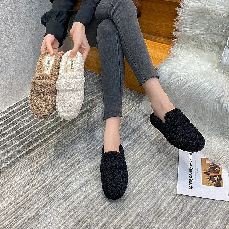 Winter Warm Plush Mules Women One Band Fur Slippers Cozy Cotton Shoes Woman Flats Cover Toe Fleeces Slides Femme Wool Pantuflas 2
