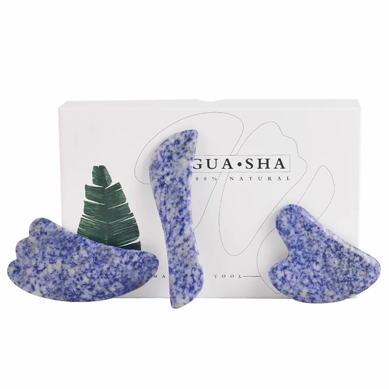 

Natural Sodalite Massage Set With Gift Box Facial Jade Gua Sha Scratch Foot Scraper Crystal Gouache Massager Health Care Tools