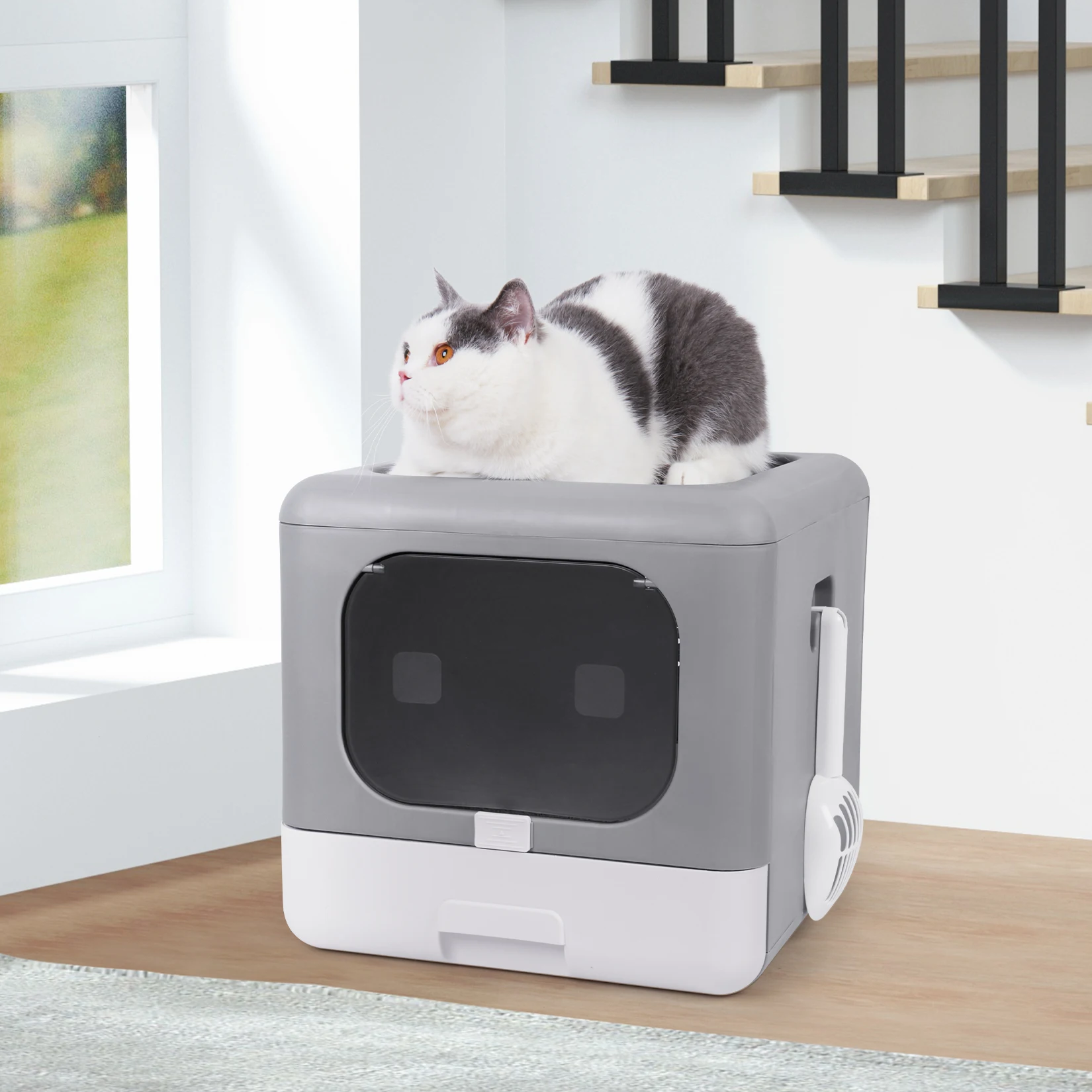 Cat Litter Box Foldable Top Entry with Cat Scoop Drawer for Medium and Large Cats for cat litter box
