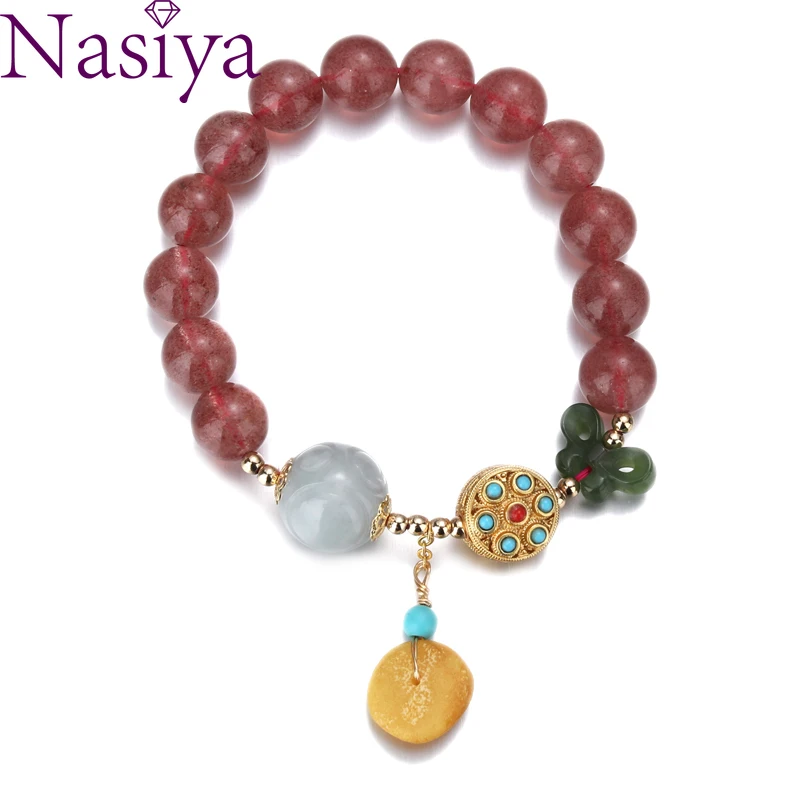 

Nasiya Round Strawberry Quartz Beads Bracelets Crystals Beaded Fashion Cute Charm Bracelet Fine Jewelry Bangles for Women Gift