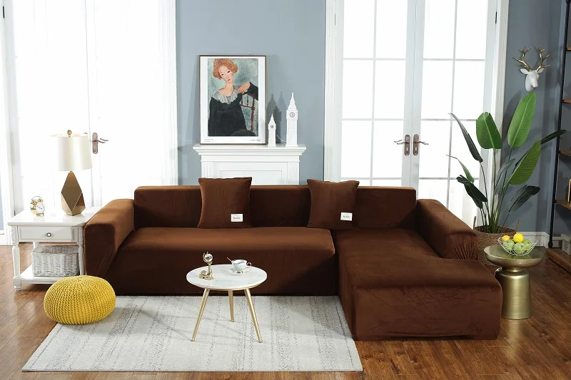 Плюшевый эластичный чехол для дивана, однотонный, L форма, чехлы для диванов, бархат, для гостиной, стрейч, чехол для дивана, чехол с наволочкой