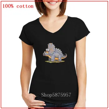 

Triceratops Dinosaur V neck T shirt Comfortable All Cotton Tees Aesthetic t shirt women High Quality Personalized Short Sleeves